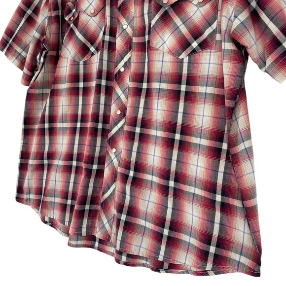 Vtg Rustler Wrangler Plaid Pearl Snap Shirt XL Red Short Sleeve Western Rodeo - Picture 9 of 11